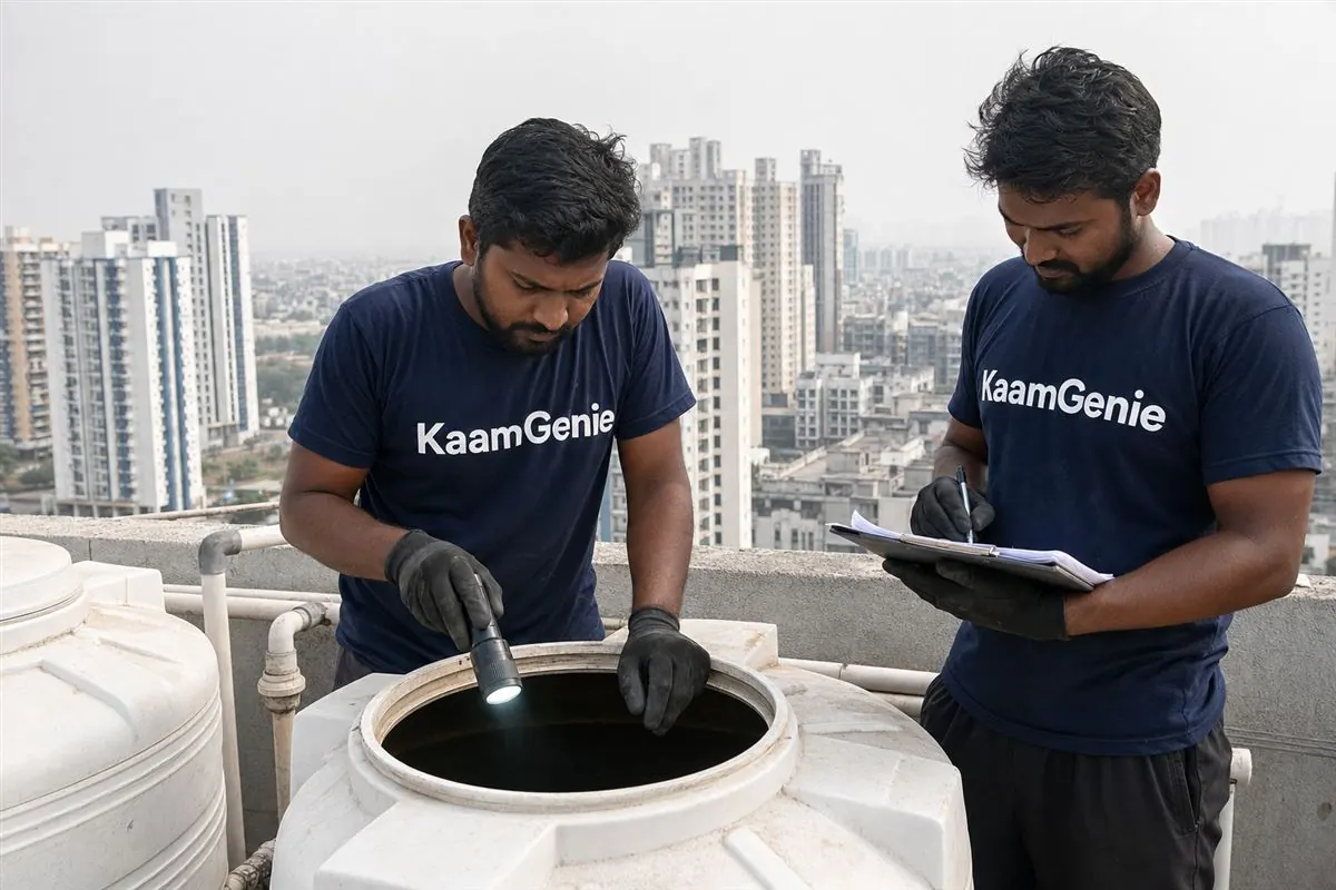 KaamGenie crew cleaning a water tank in New Gurgaon, Gurgaon