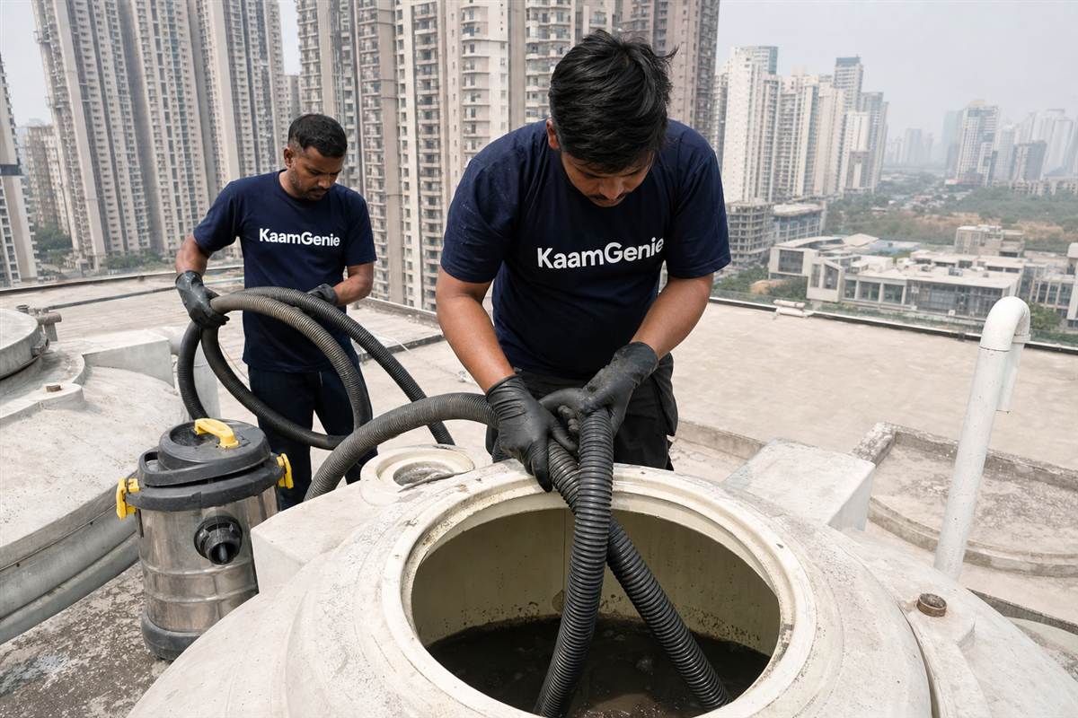 KaamGenie crew cleaning a water tank in Nirvana Country, Gurgaon