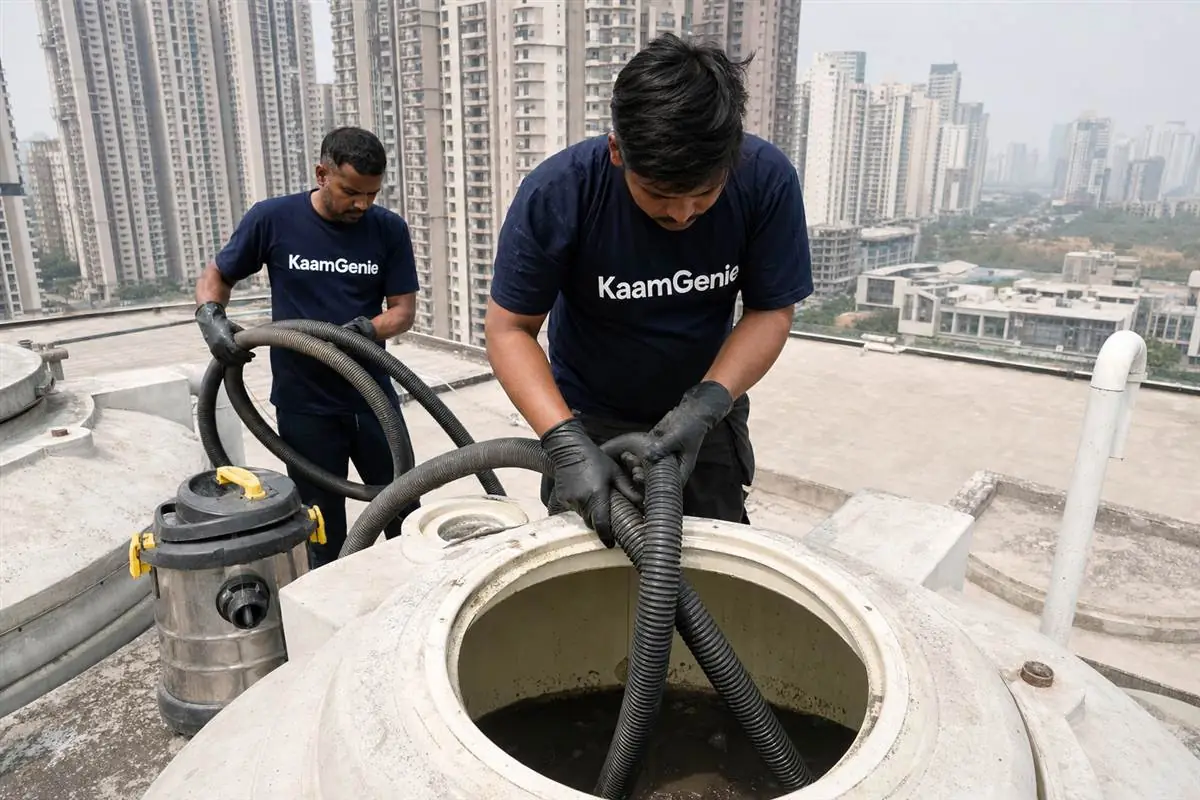 KaamGenie crew cleaning a water tank in Nirvana Country, Gurgaon