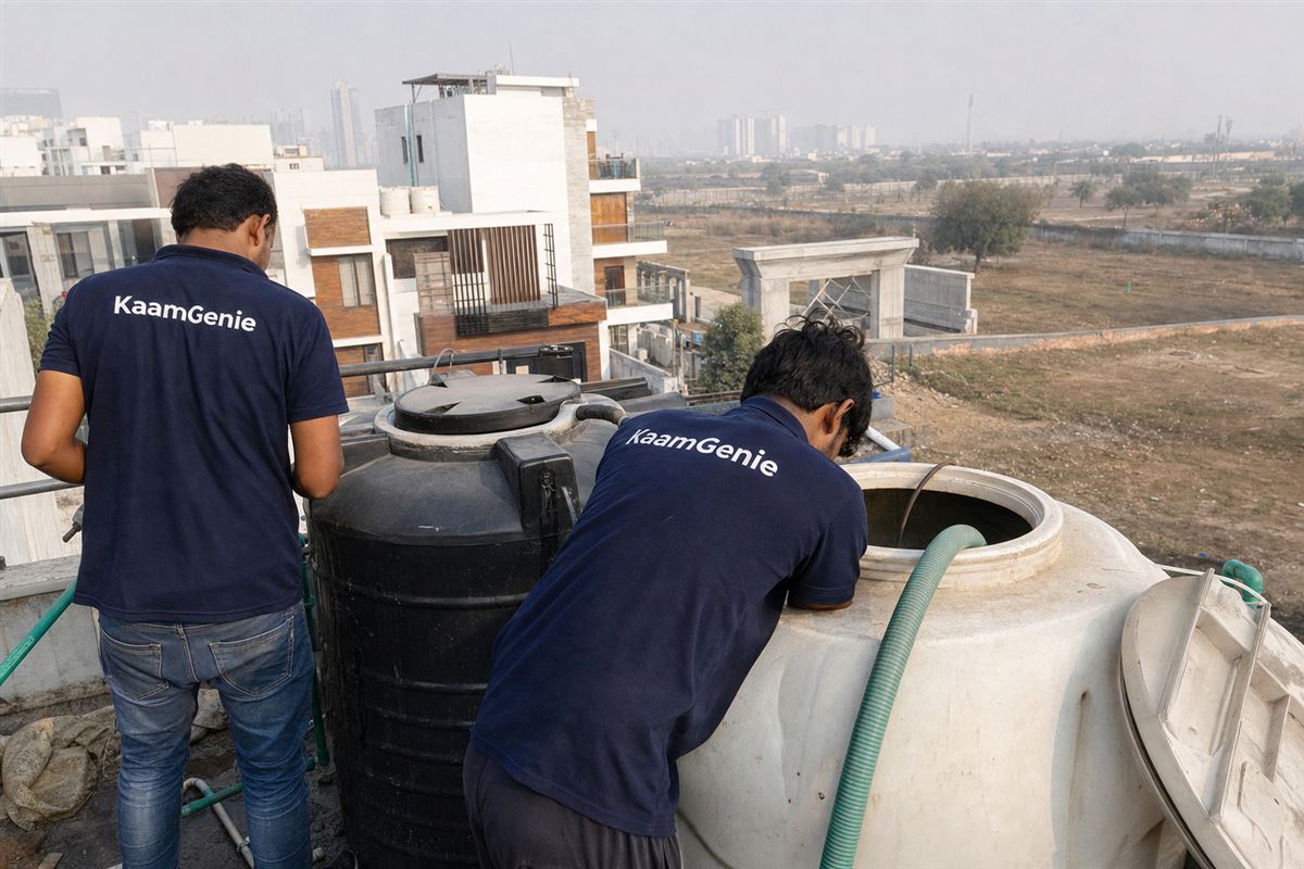 KaamGenie crew cleaning a water tank in Pataudi Road, Gurgaon