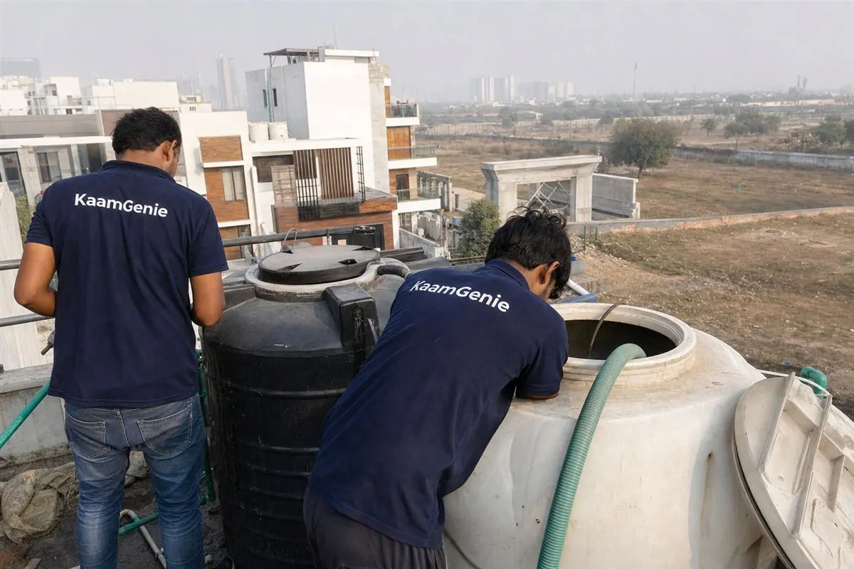 KaamGenie crew cleaning a water tank in Pataudi Road, Gurgaon