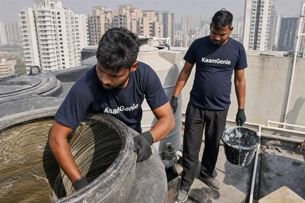 KaamGenie crew cleaning a water tank in Rosewood City, Gurgaon
