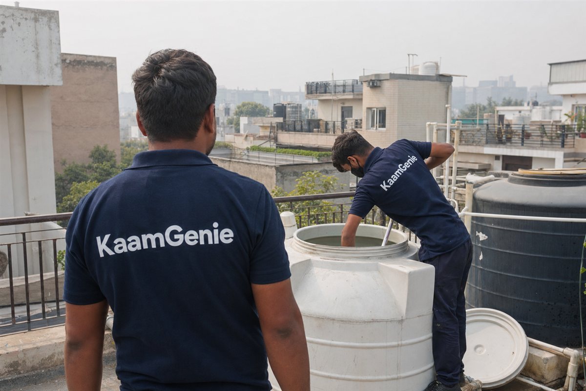 KaamGenie crew cleaning a water tank in Saraswati Kunj, Gurgaon