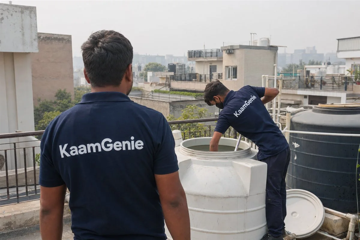 KaamGenie crew cleaning a water tank in Saraswati Kunj, Gurgaon