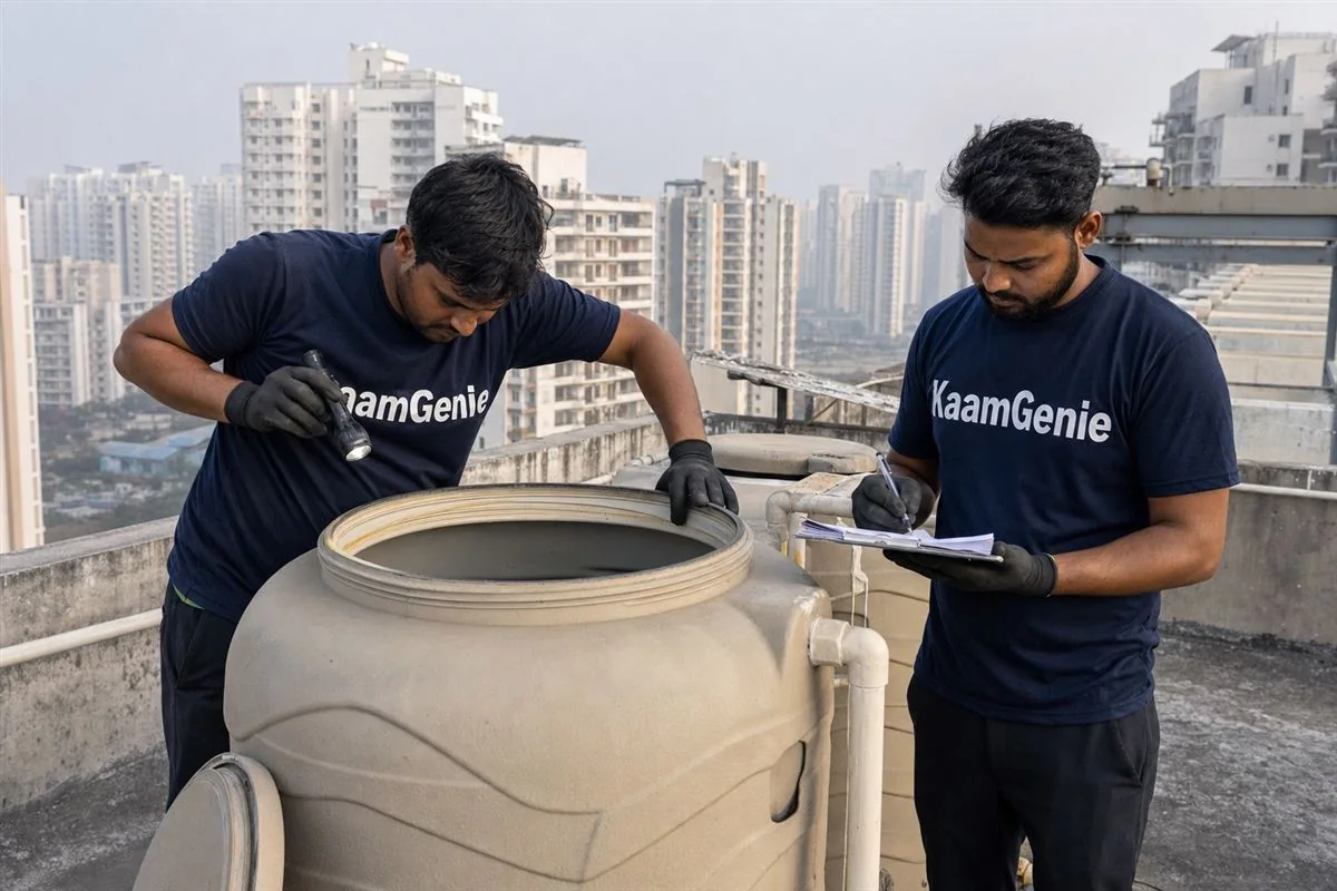 KaamGenie crew cleaning a water tank in Sector 102, Gurgaon