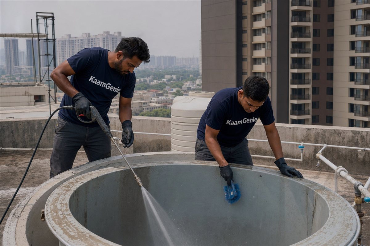 KaamGenie crew cleaning a water tank in Sector 104, Gurgaon