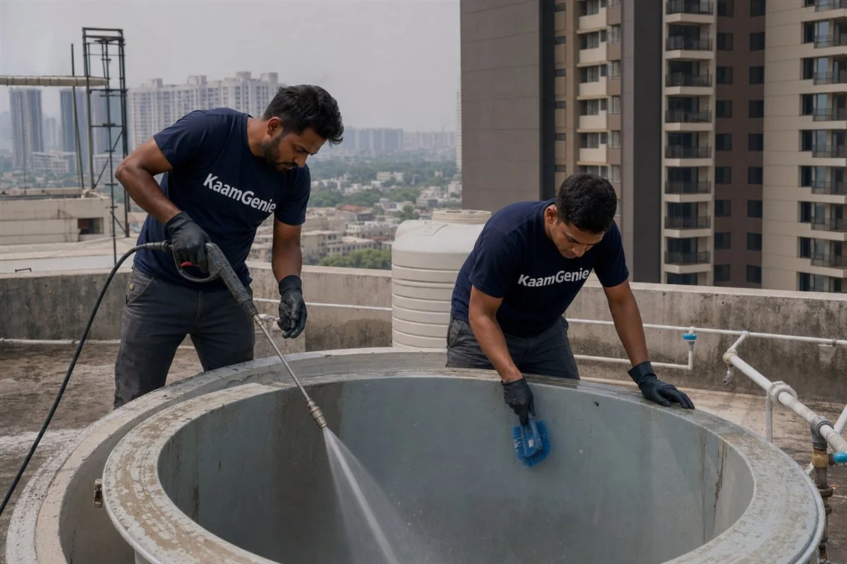 KaamGenie crew cleaning a water tank in Sector 104, Gurgaon