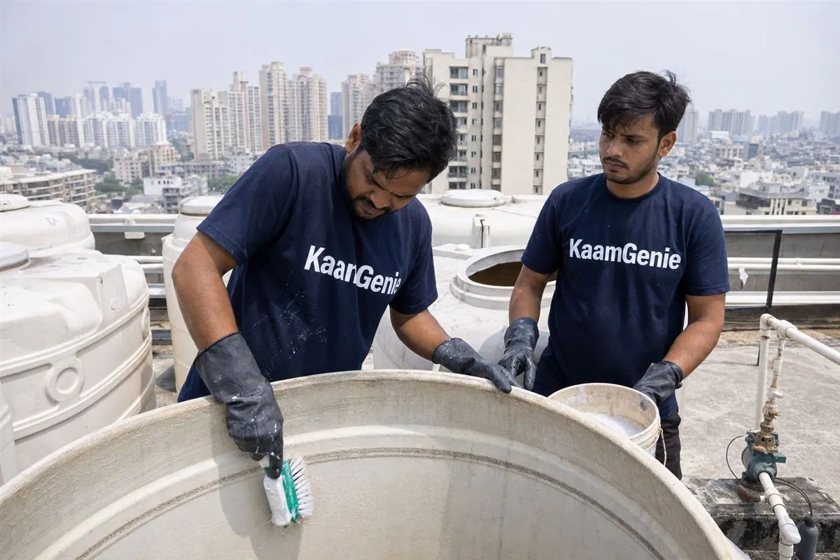 KaamGenie crew cleaning a water tank in Sector 106, Gurgaon