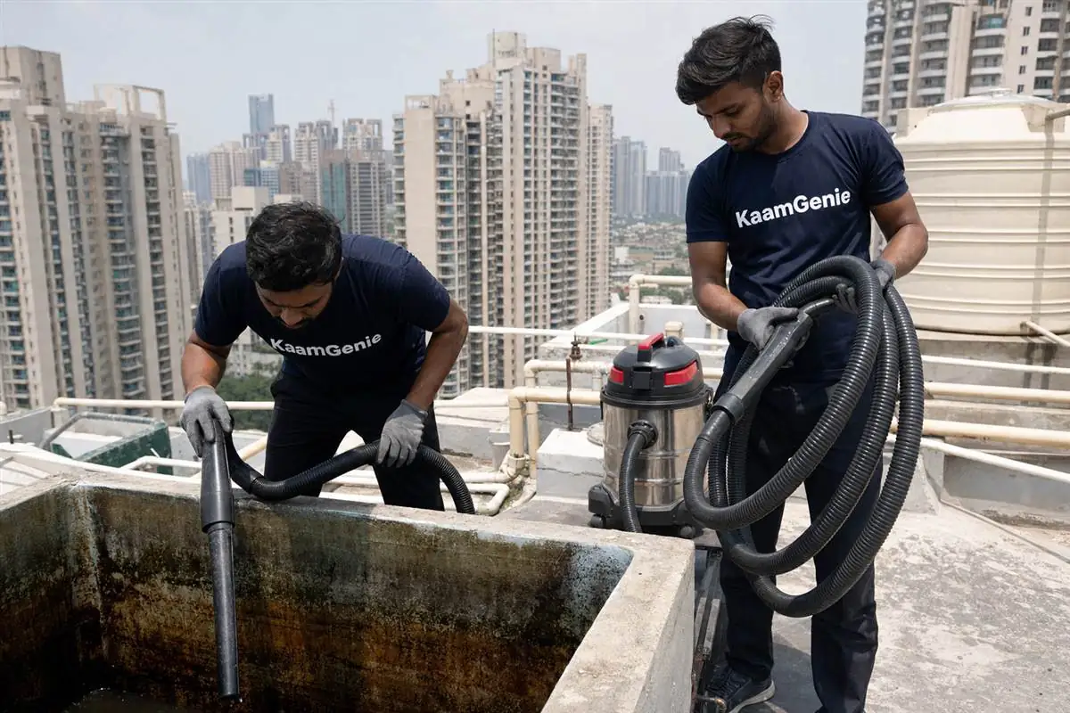 KaamGenie crew cleaning a water tank in Sector 109, Gurgaon