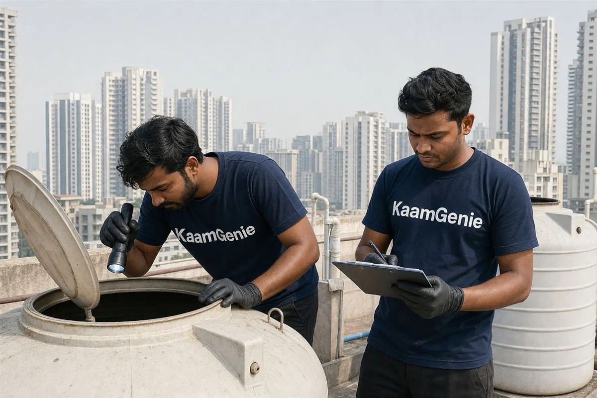 KaamGenie crew cleaning a water tank in Sector 110, Gurgaon
