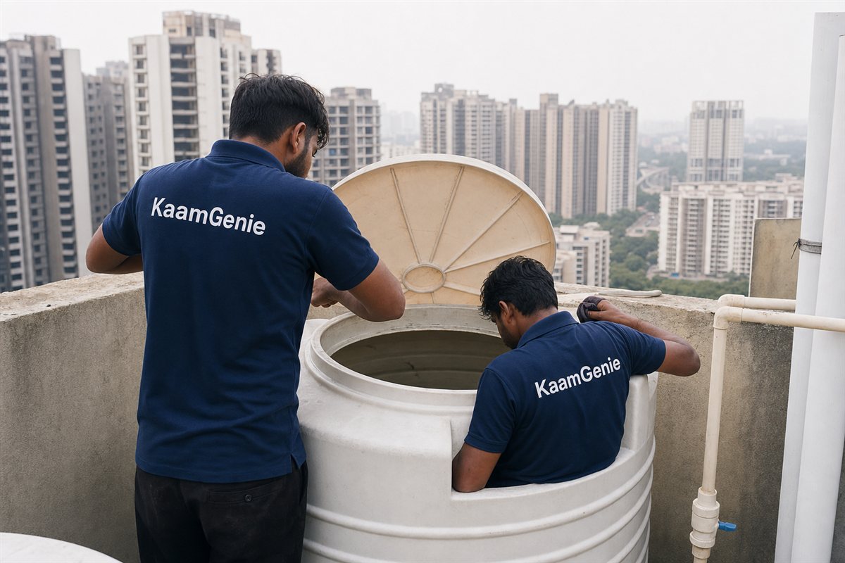 KaamGenie crew cleaning a water tank in Sector 111 (Dwarka Expressway), Gurgaon