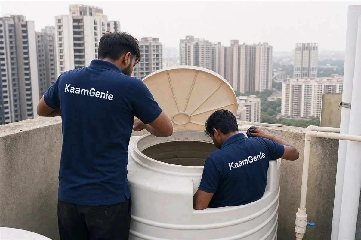 KaamGenie crew cleaning a water tank in Sector 111 (Dwarka Expressway), Gurgaon