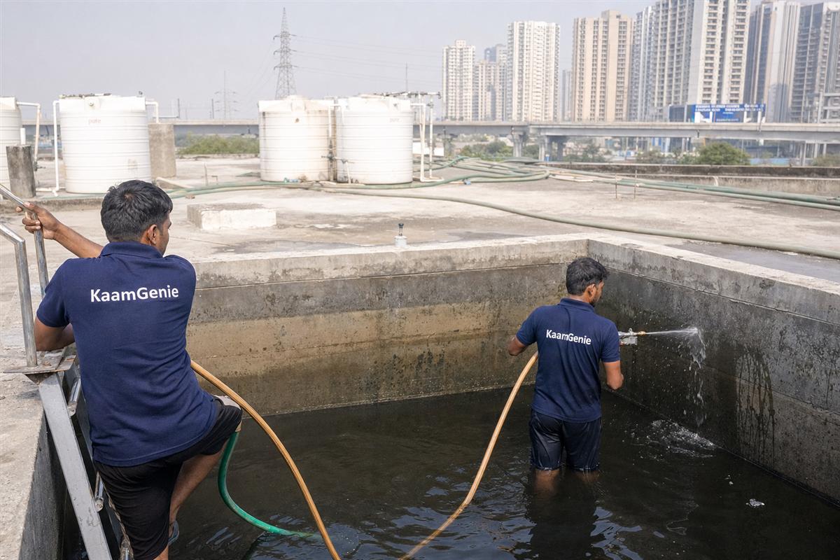 KaamGenie crew cleaning a water tank in Sector 113 (Dwarka Expressway, near Delhi border), Gurgaon