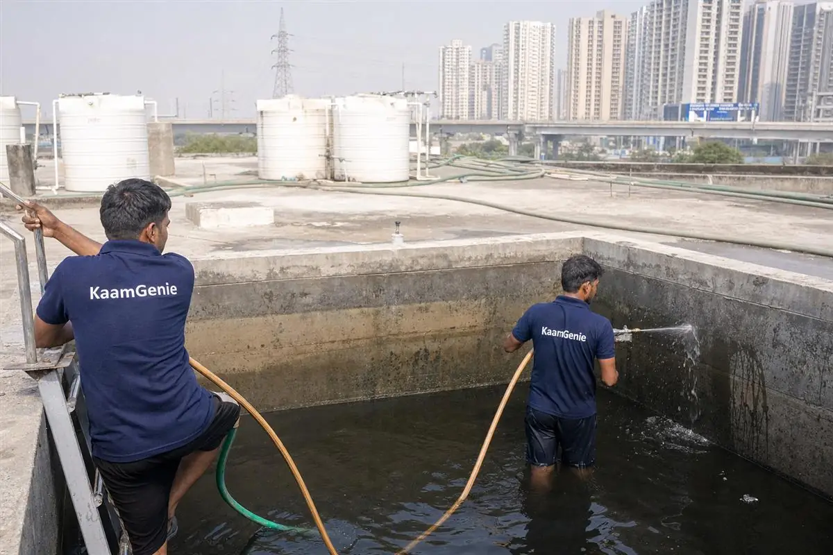 KaamGenie crew cleaning a water tank in Sector 113 (Dwarka Expressway, near Delhi border), Gurgaon