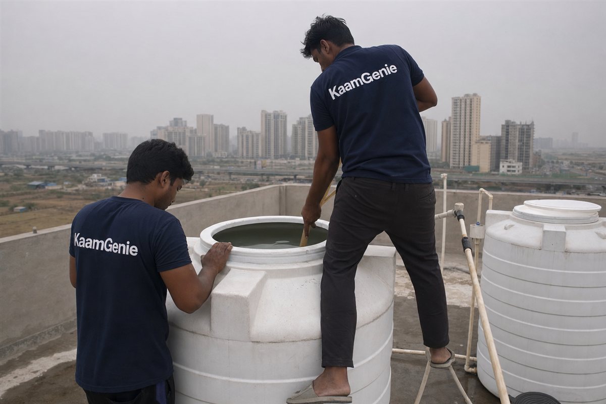 KaamGenie crew cleaning a water tank in Sector 115 (Dwarka Expressway, near Delhi border), Gurgaon