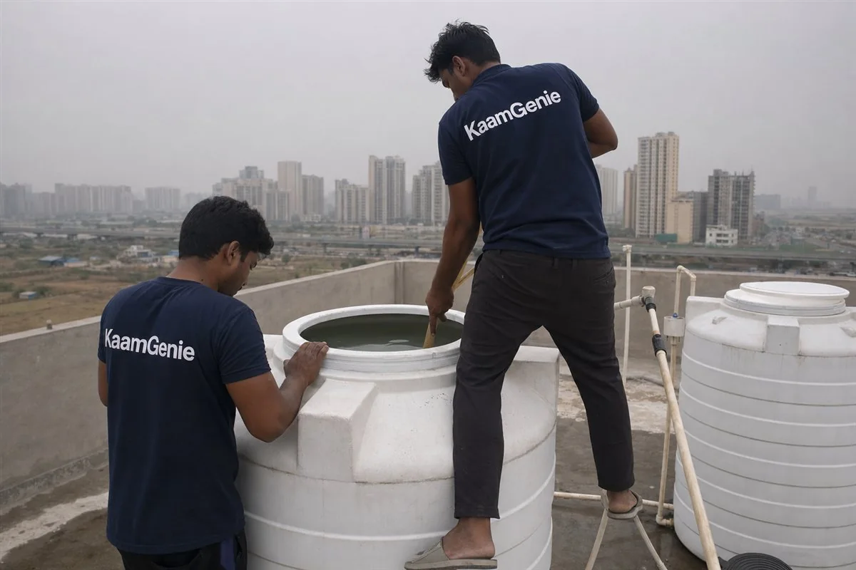KaamGenie crew cleaning a water tank in Sector 115 (Dwarka Expressway, near Delhi border), Gurgaon
