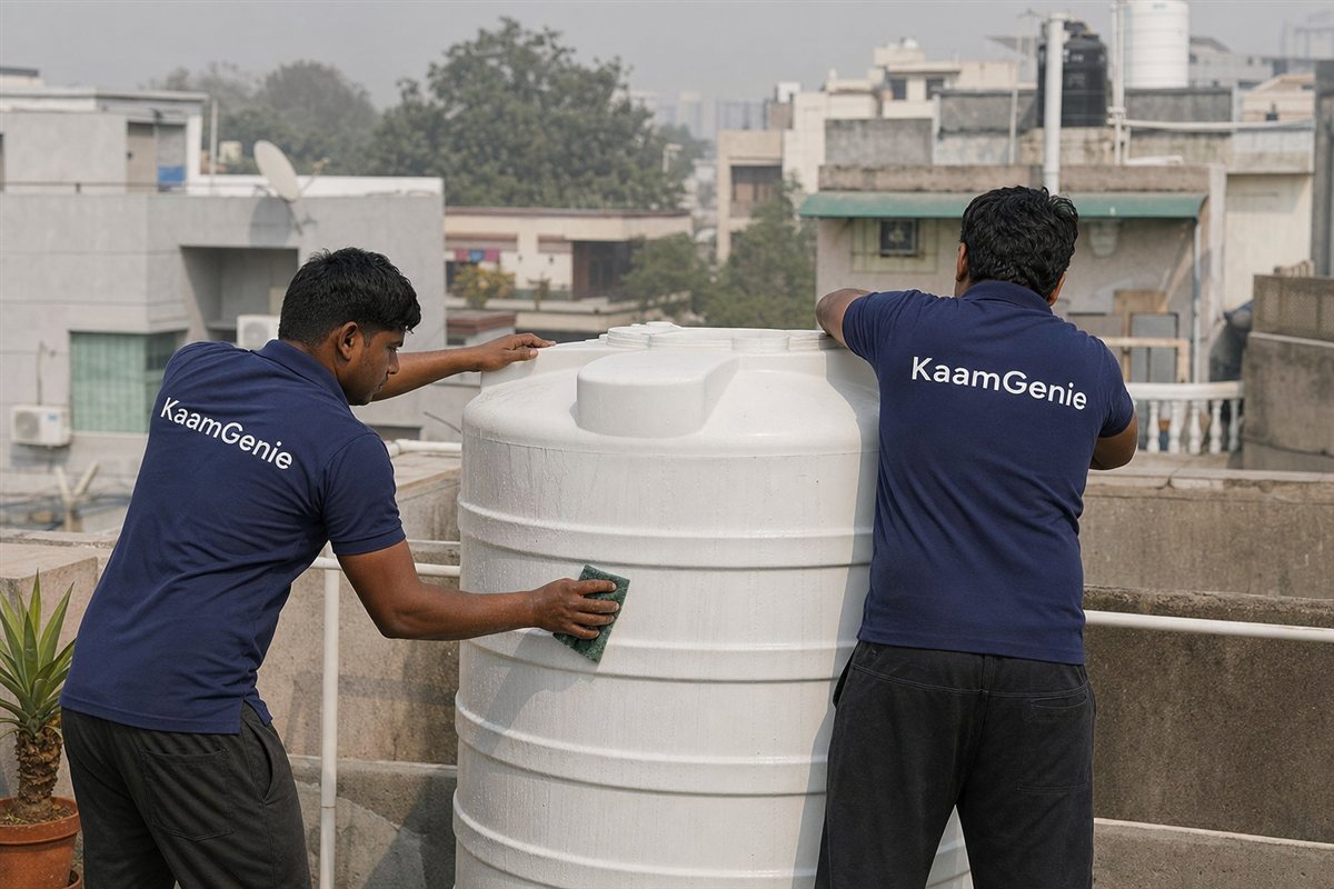 KaamGenie crew cleaning a water tank in Sector 12, Gurgaon