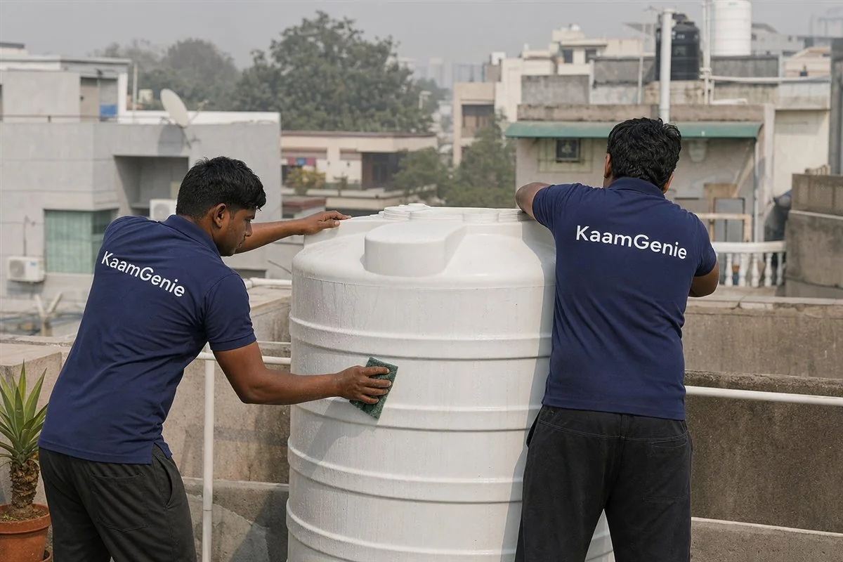 KaamGenie crew cleaning a water tank in Sector 12, Gurgaon