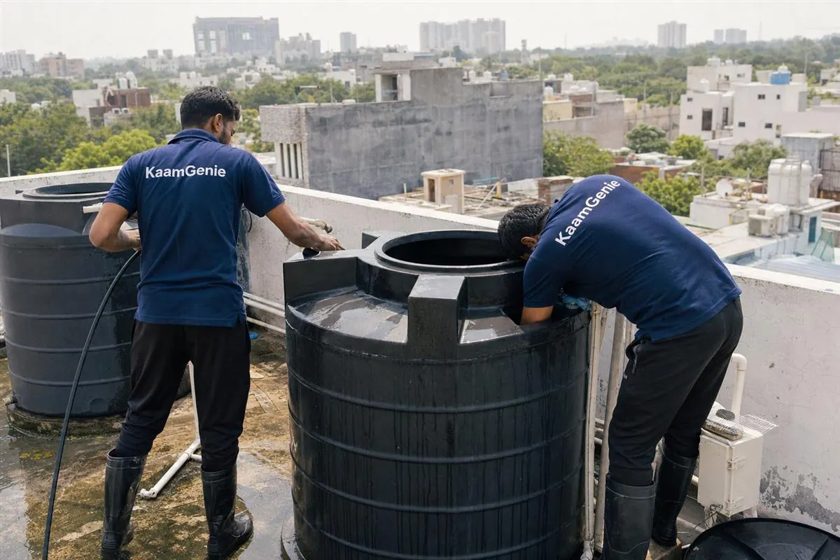 KaamGenie crew cleaning a water tank in Sector 13, Gurgaon