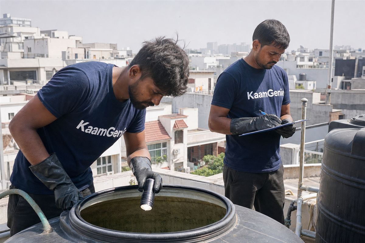 KaamGenie crew cleaning a water tank in Sector 14, Gurgaon