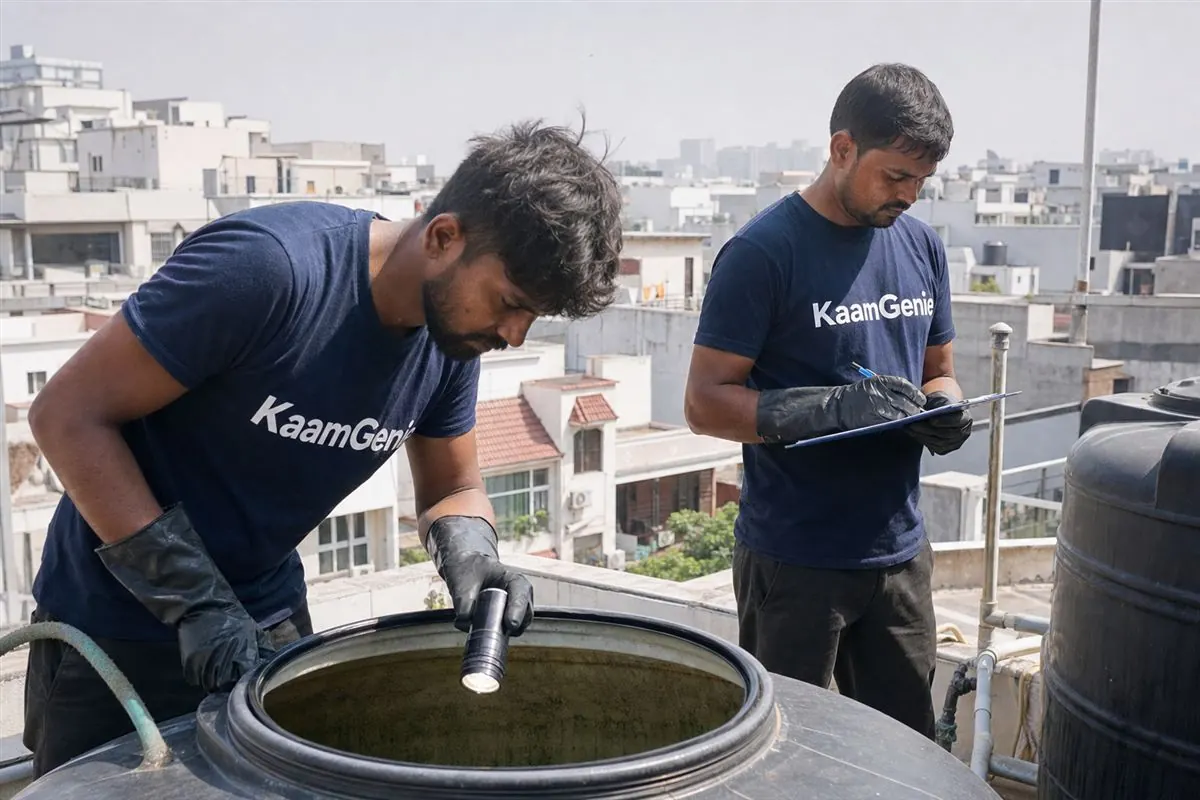 KaamGenie crew cleaning a water tank in Sector 14, Gurgaon