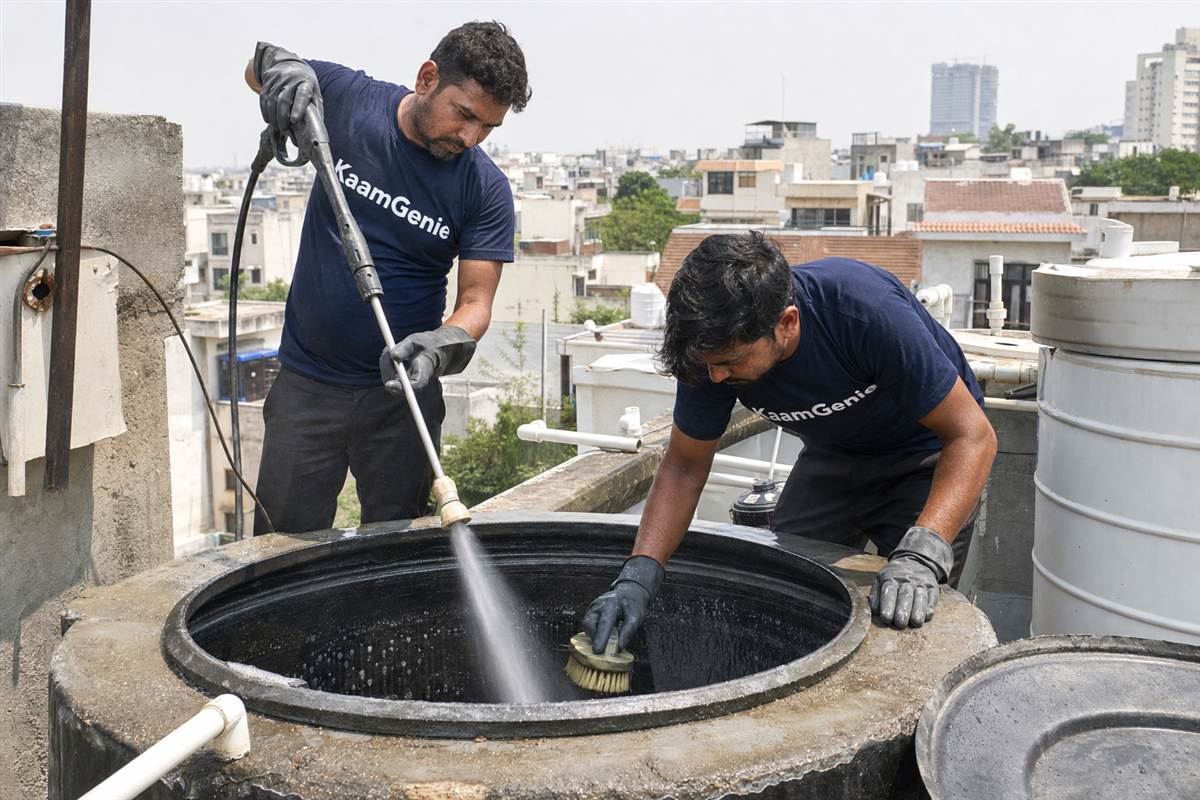 KaamGenie crew cleaning a water tank in Sector 15, Gurgaon
