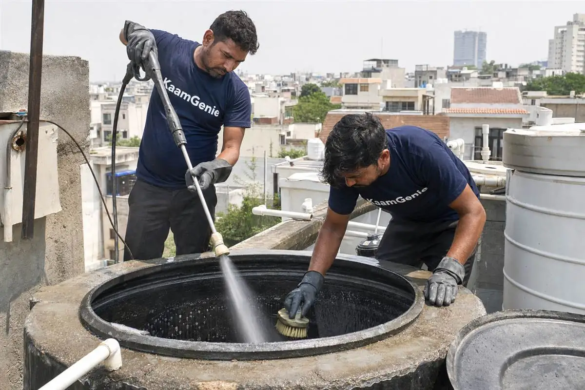 KaamGenie crew cleaning a water tank in Sector 15, Gurgaon