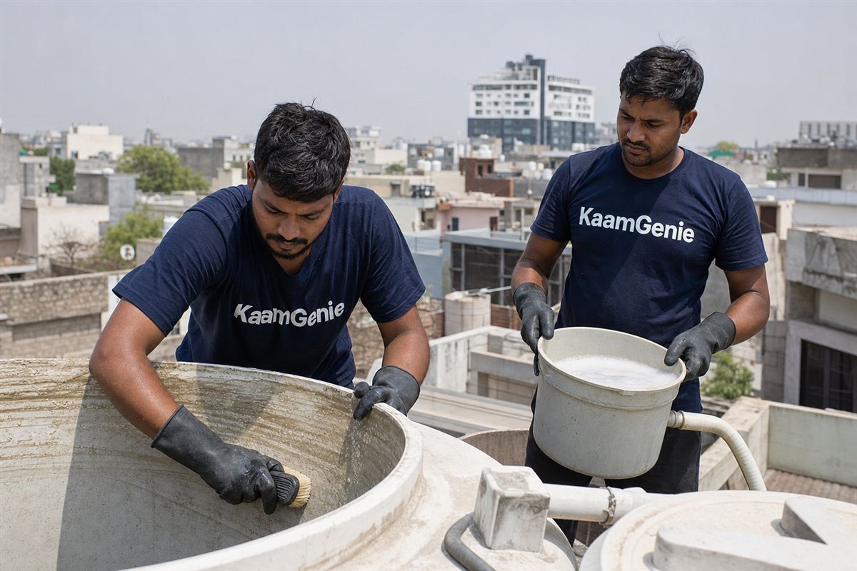 KaamGenie crew cleaning a water tank in Sector 17, Gurgaon