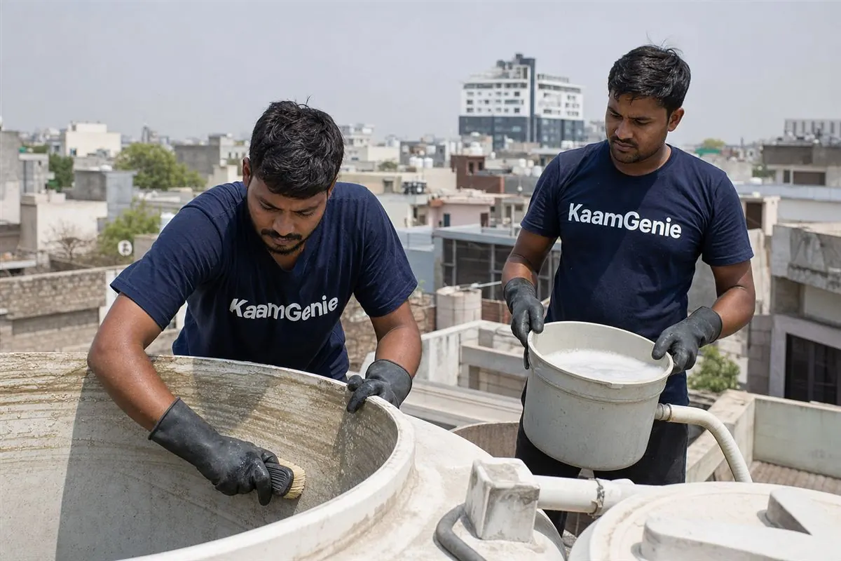 KaamGenie crew cleaning a water tank in Sector 17, Gurgaon