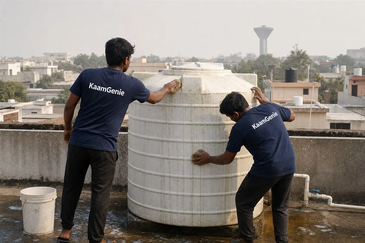 KaamGenie crew cleaning a water tank in Sector 2, Gurgaon