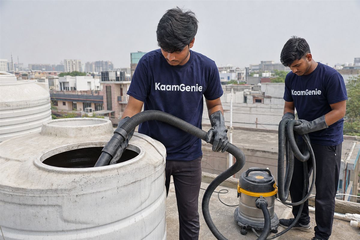KaamGenie crew cleaning a water tank in Sector 21, Gurgaon