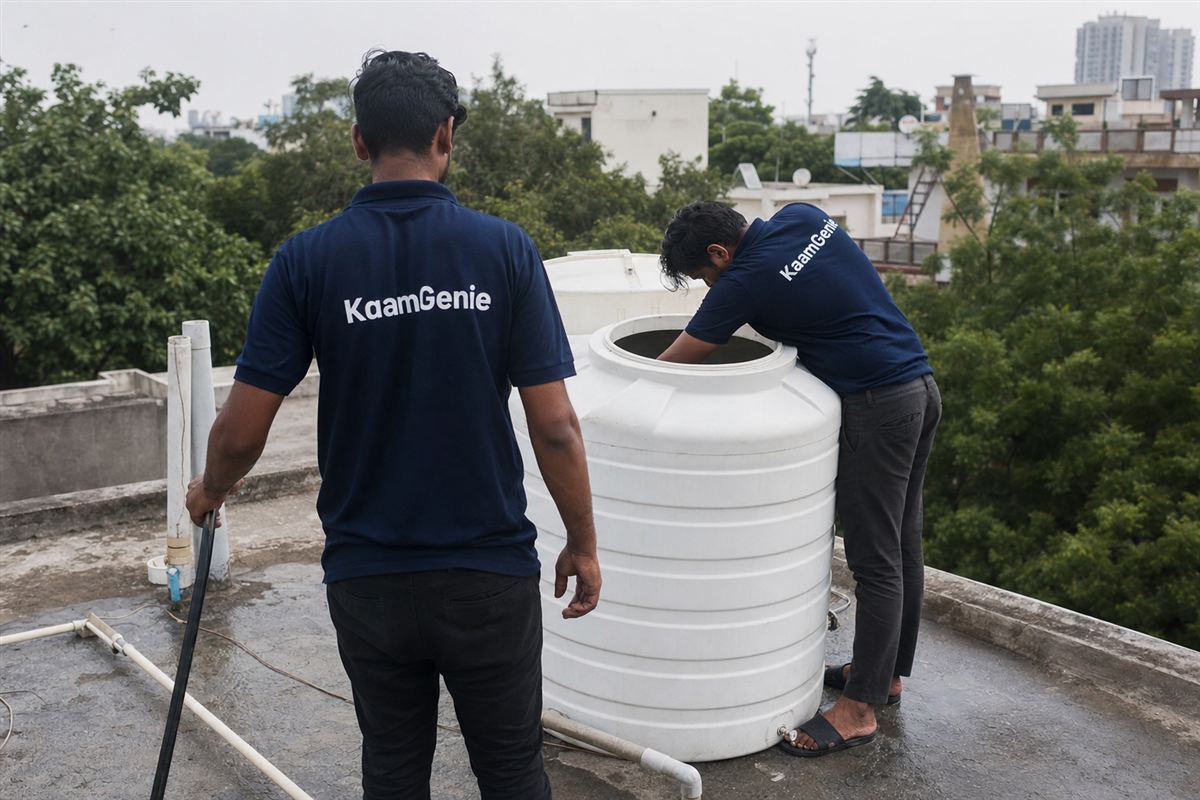 KaamGenie crew cleaning a water tank in Sector 26, Gurgaon