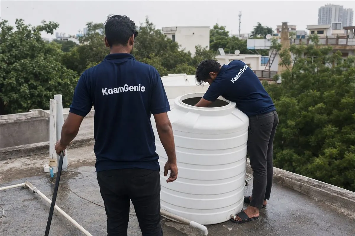 KaamGenie crew cleaning a water tank in Sector 26, Gurgaon