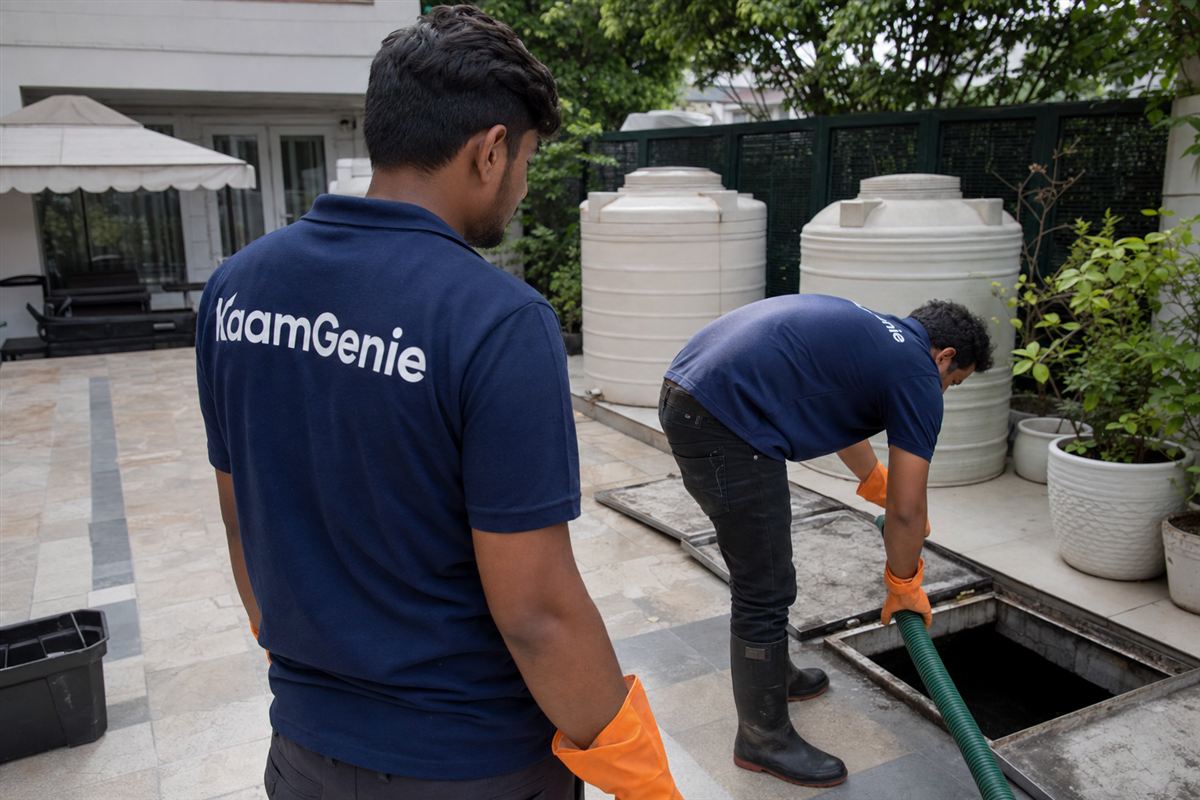 KaamGenie crew cleaning a water tank in Sector 27, Gurgaon