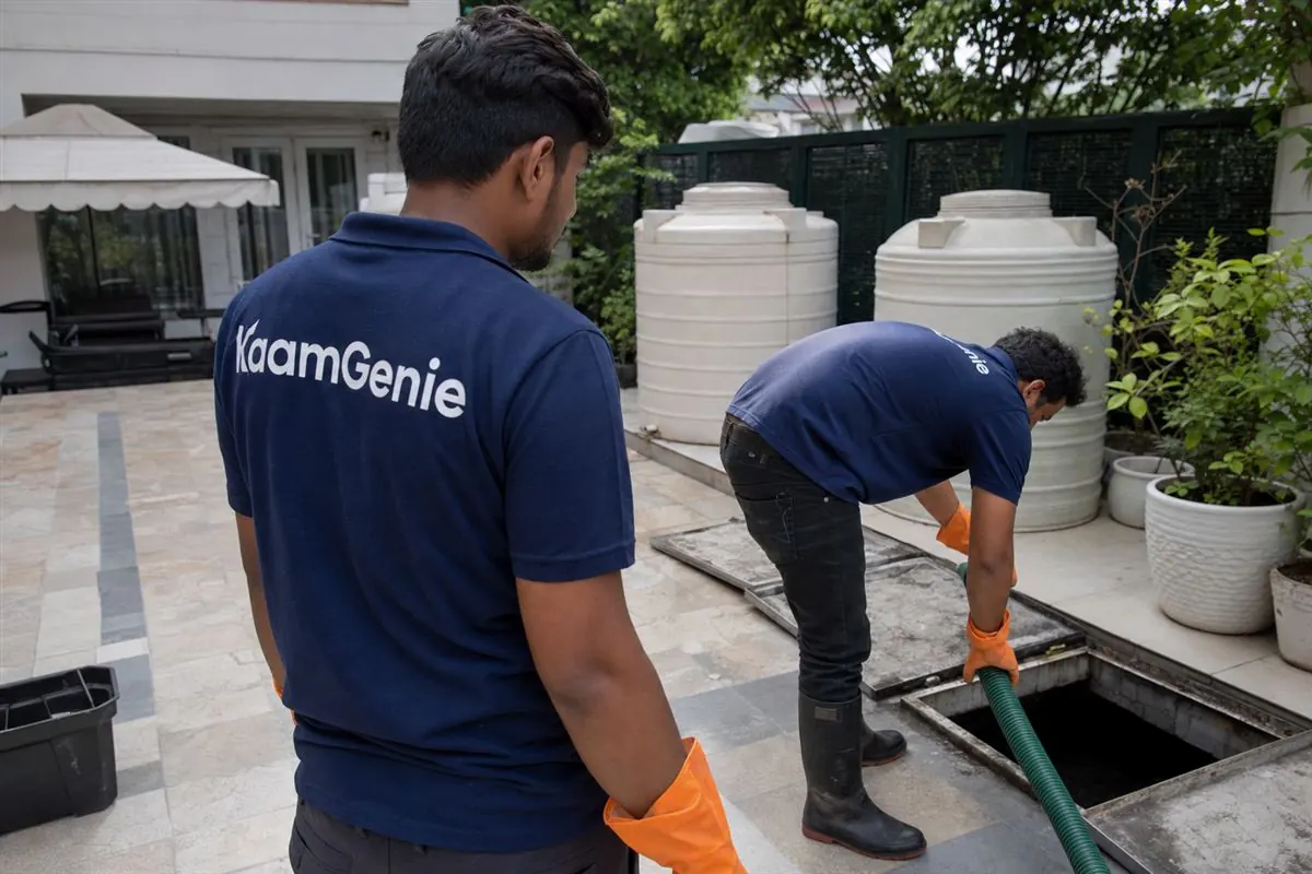KaamGenie crew cleaning a water tank in Sector 27, Gurgaon