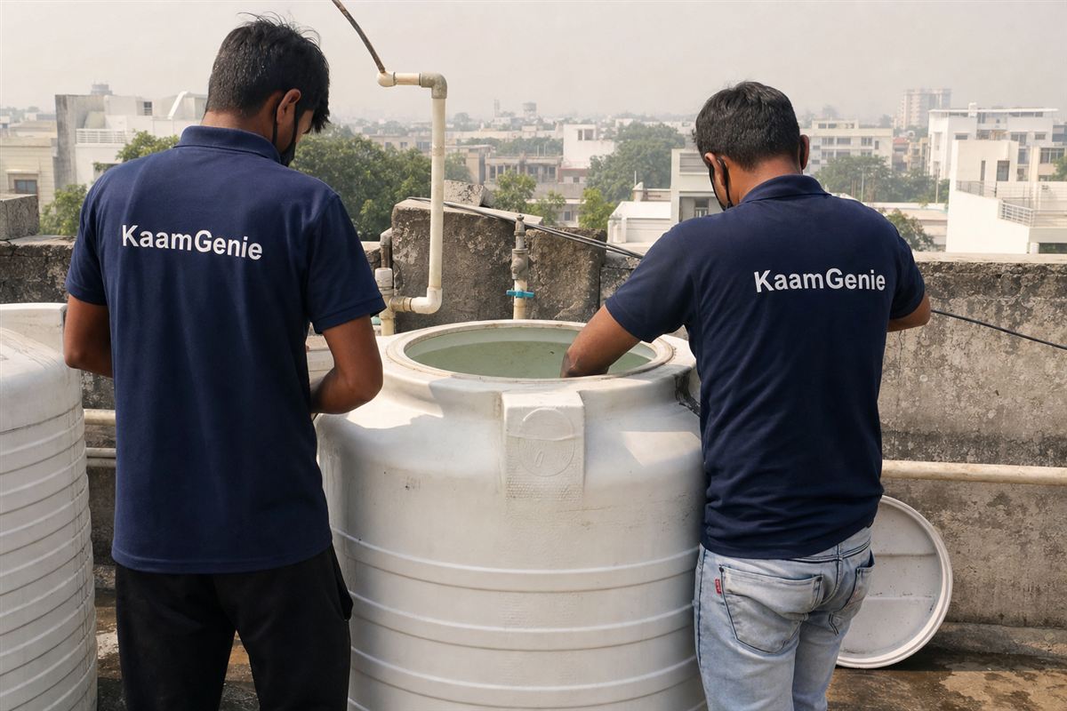 KaamGenie crew cleaning a water tank in Sector 28, Gurgaon