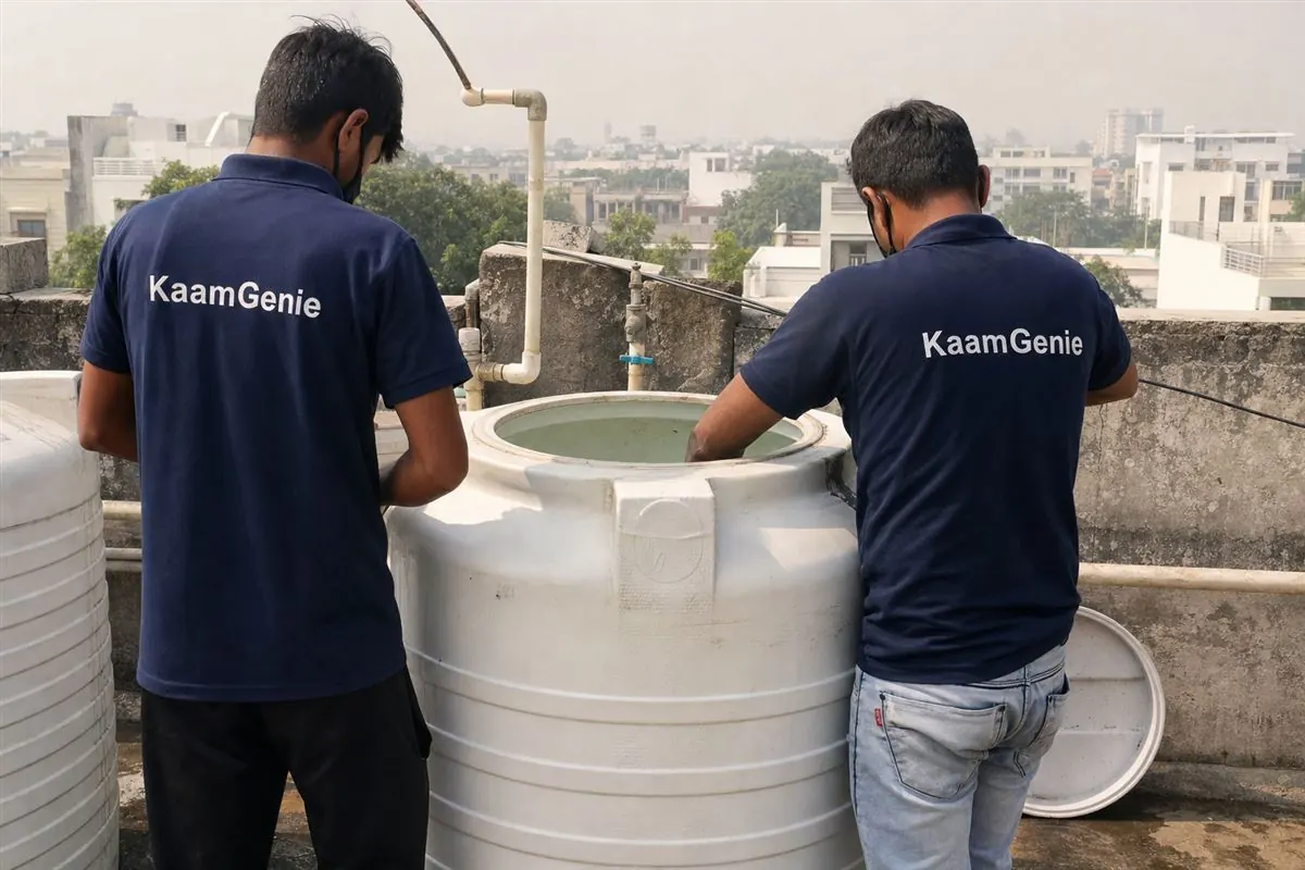 KaamGenie crew cleaning a water tank in Sector 28, Gurgaon