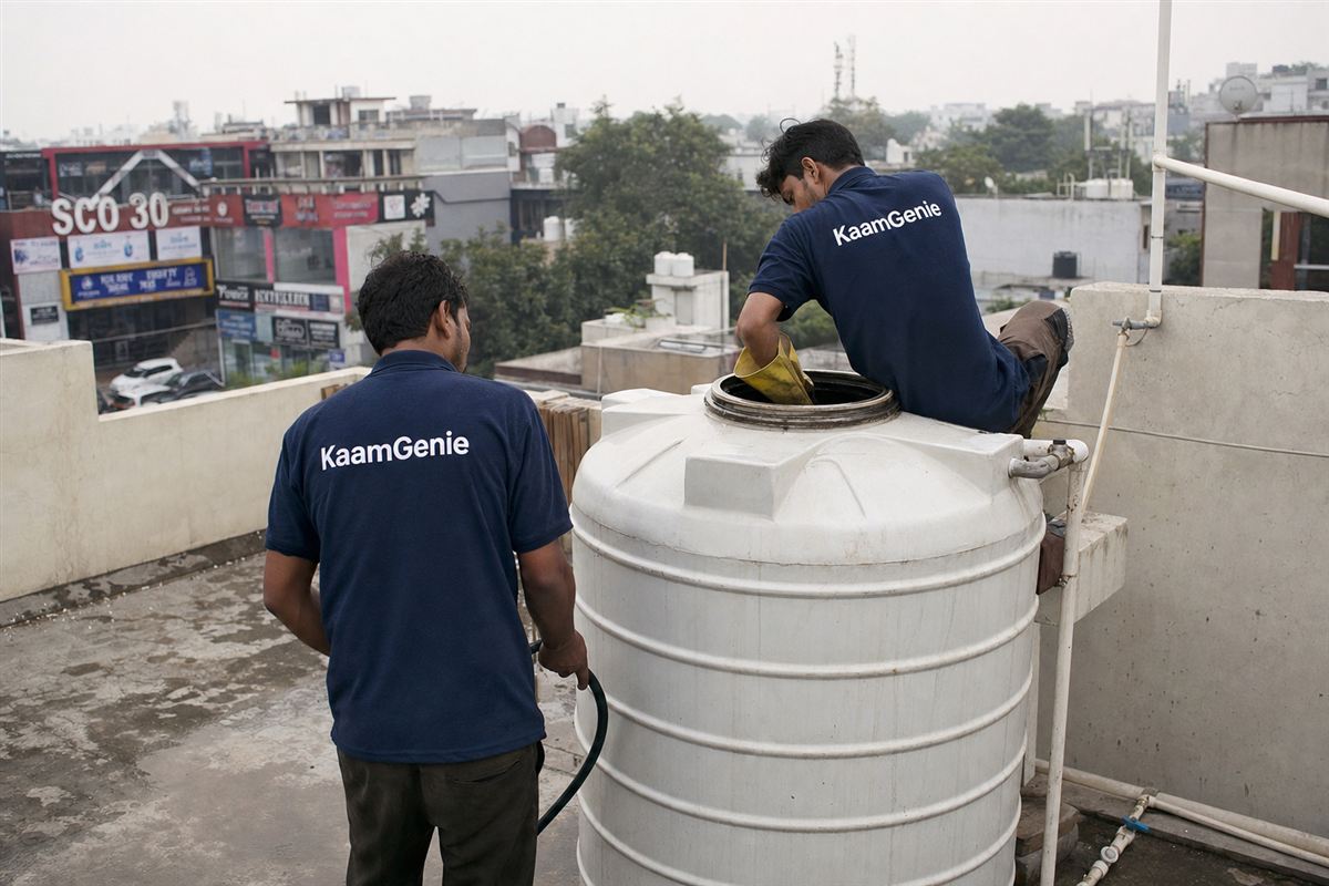 KaamGenie crew cleaning a water tank in Sector 29, Gurgaon