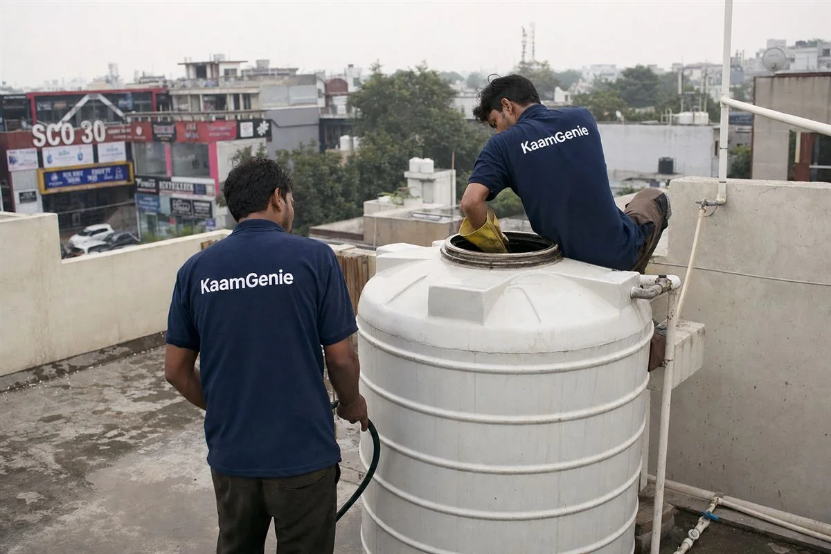 KaamGenie crew cleaning a water tank in Sector 29, Gurgaon