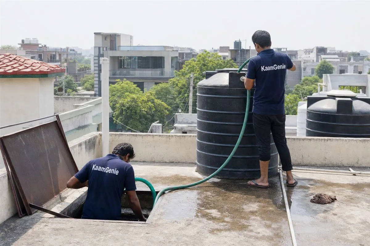 KaamGenie crew cleaning a water tank in Sector 3, Gurgaon