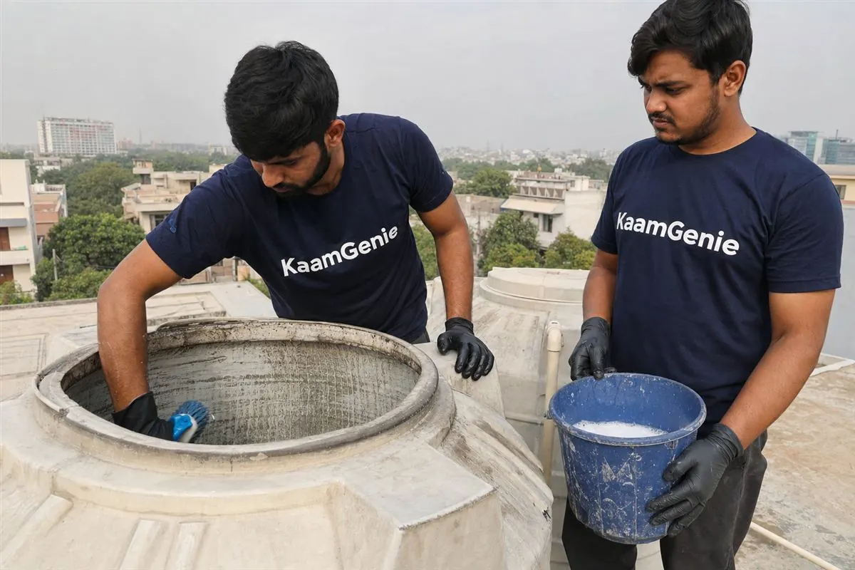 KaamGenie crew cleaning a water tank in Sector 31, Gurgaon