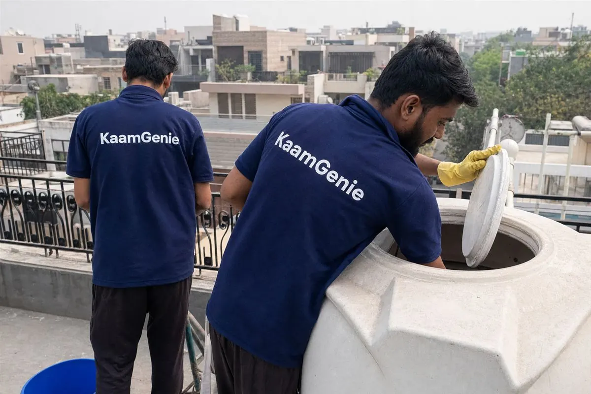 KaamGenie crew cleaning a water tank in Sector 32, Gurgaon