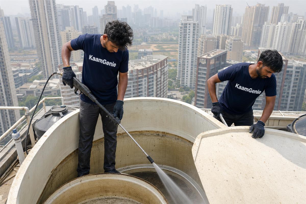 KaamGenie crew cleaning a water tank in Sector 37D, Gurgaon