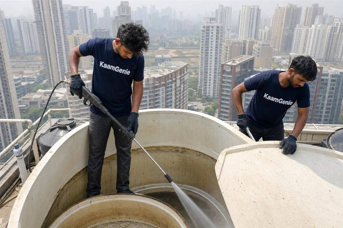 KaamGenie crew cleaning a water tank in Sector 37D, Gurgaon
