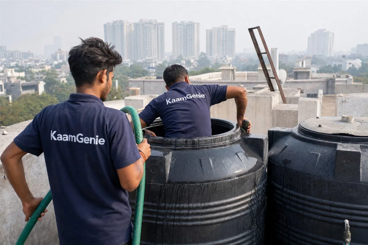 KaamGenie crew cleaning a water tank in Sector 39, Gurgaon