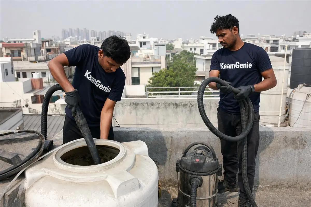 KaamGenie crew cleaning a water tank in Sector 40, Gurgaon