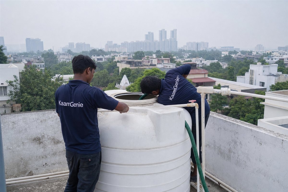 KaamGenie crew cleaning a water tank in Sector 43, Gurgaon