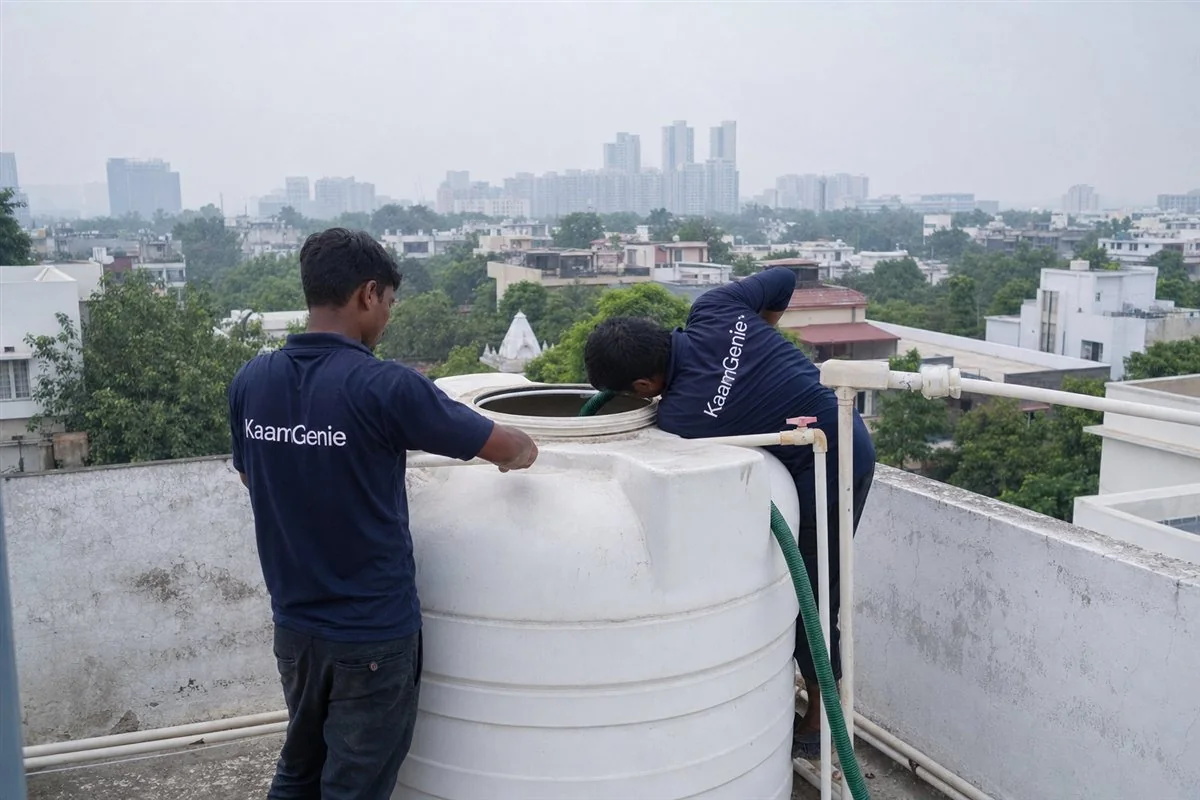 KaamGenie crew cleaning a water tank in Sector 43, Gurgaon