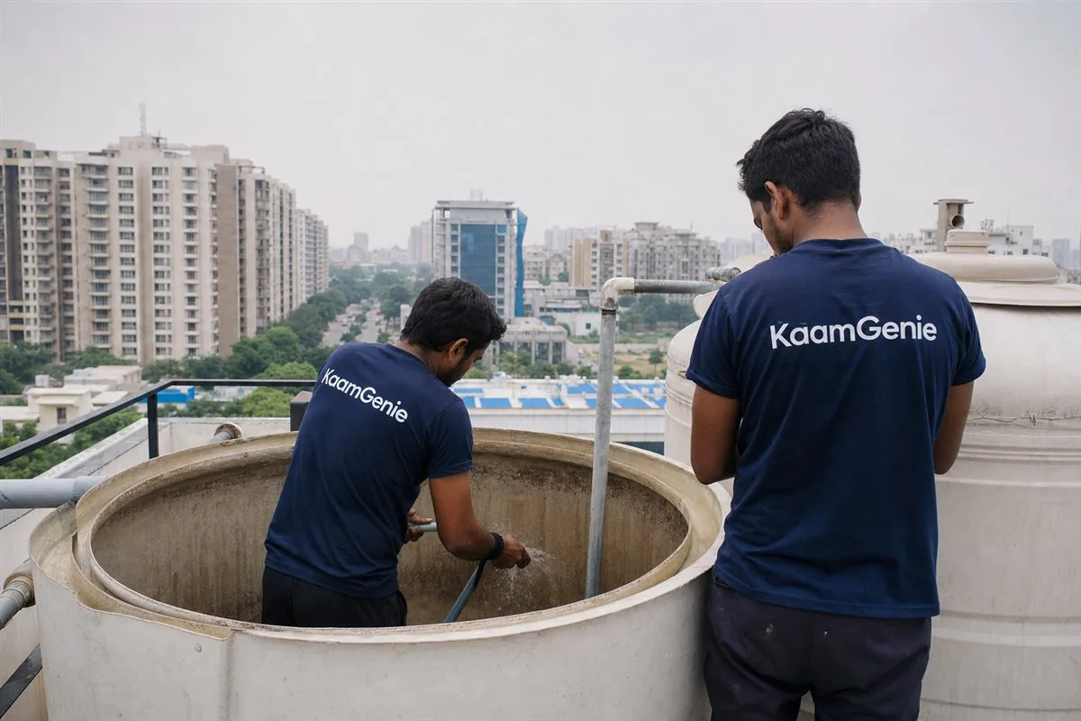 KaamGenie crew cleaning a water tank in Sector 45, Gurgaon
