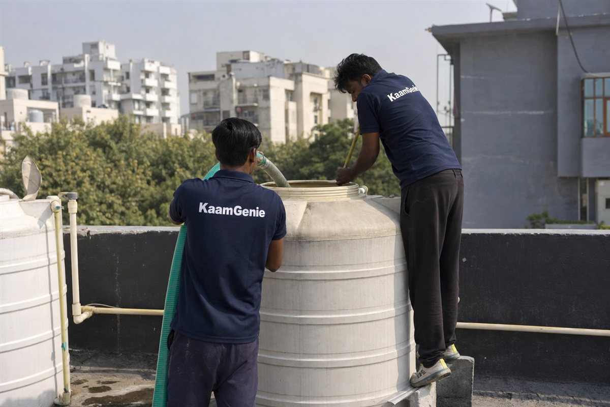 KaamGenie crew cleaning a water tank in Sector 46, Gurgaon
